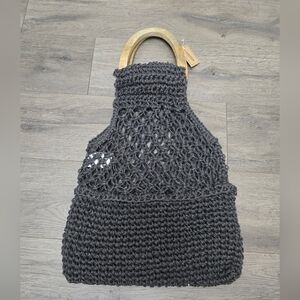 Creative Co-Op Jute Bag Wood Handles Black NWT Cottage Girly Boho Beach Vacation